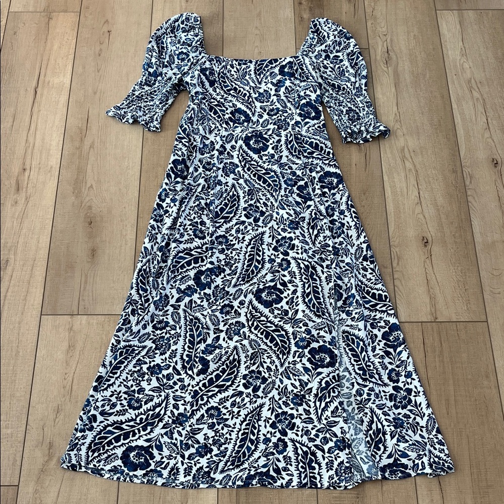 Blue & White Floral Square-Neck Maxi Dress